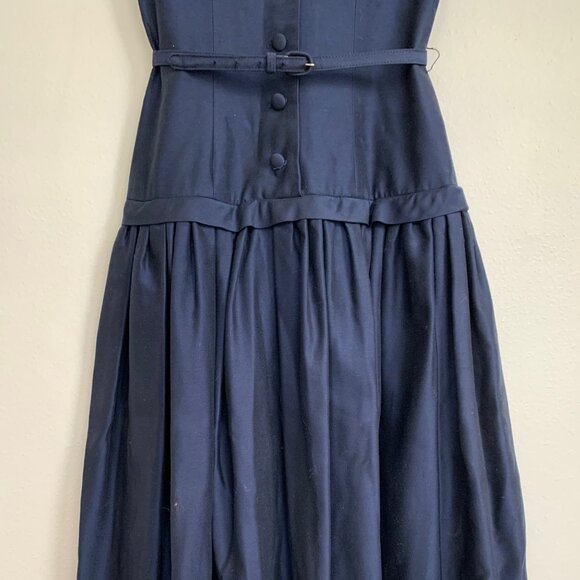 Vintage 50s Navy Belted Party Dress Cocktail Fitted Size XSmall Rockabilly - Picture 4 of 9